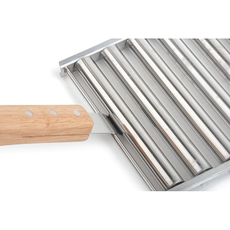 Stainless steel hot dog grill roller with bamboo handle for outdoor barbecue grills