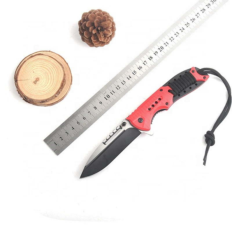 Red and Black Color Stainless Steel Folding Pocket Outdoor Hunting Knife with rope