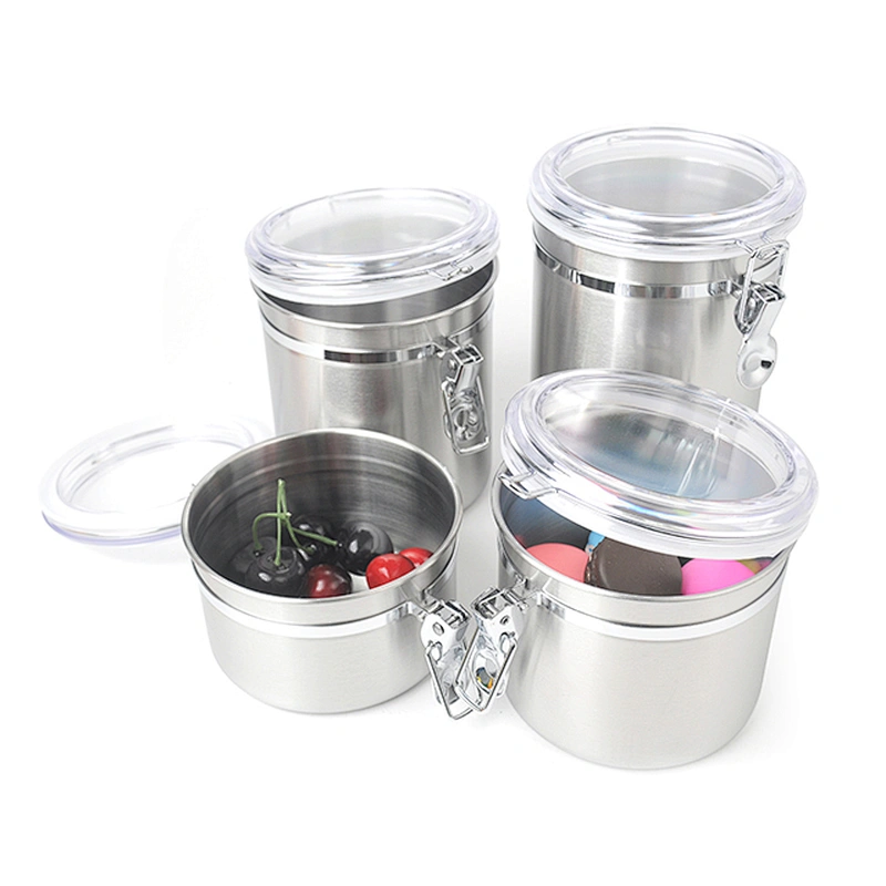 Metal stainless steel kitchen food airtight storage sugar tea coffee canister sets with pp lid