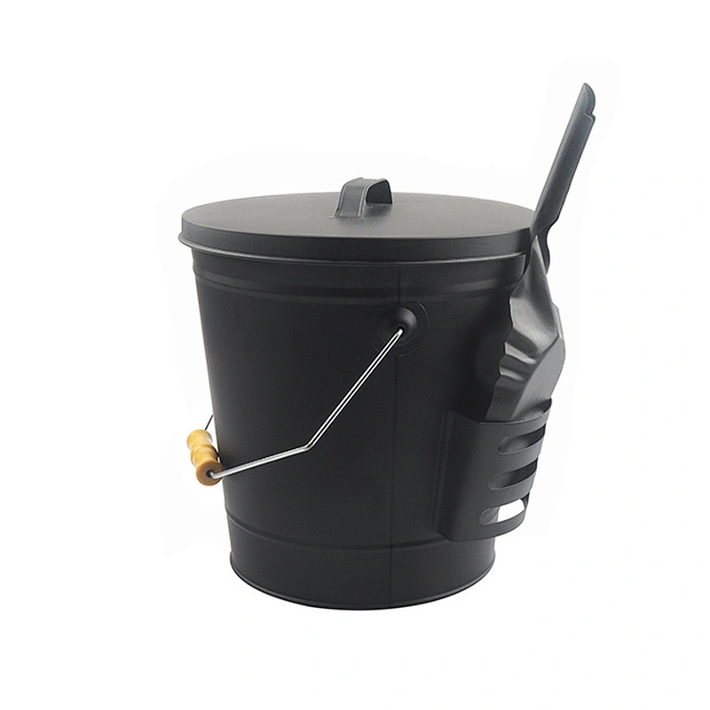 Large capacity black ash bucket with shovel and brush for fireplace and outdoor
