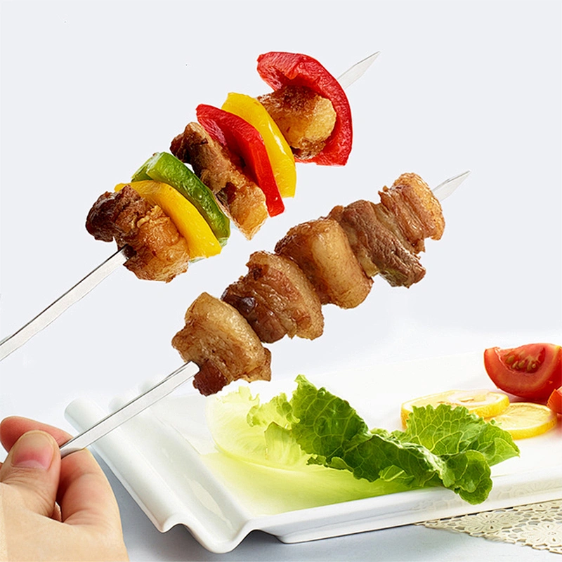 BBQ large wooden handle BBQ stick stainless steel BBQ flat skewers mutton skewers 47cm lamb leg fork