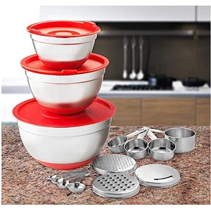3pc salad bowl stainless steel mixing bowl with grater measuring cup and spoon
