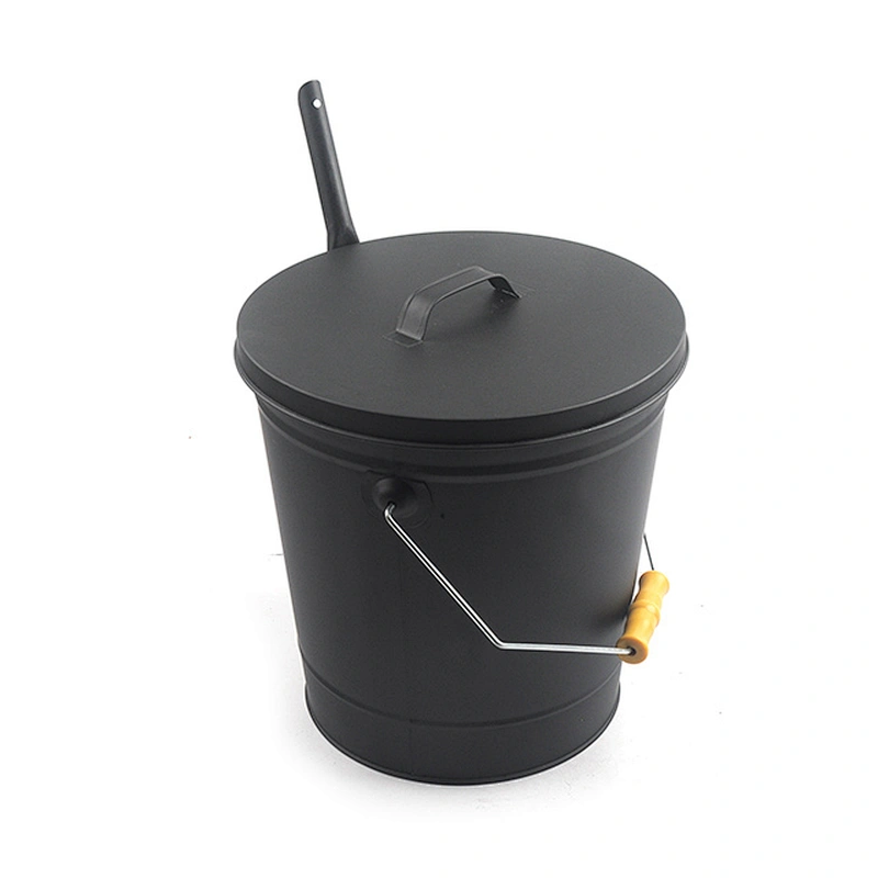 Large capacity black ash bucket with shovel and brush for fireplace and outdoor
