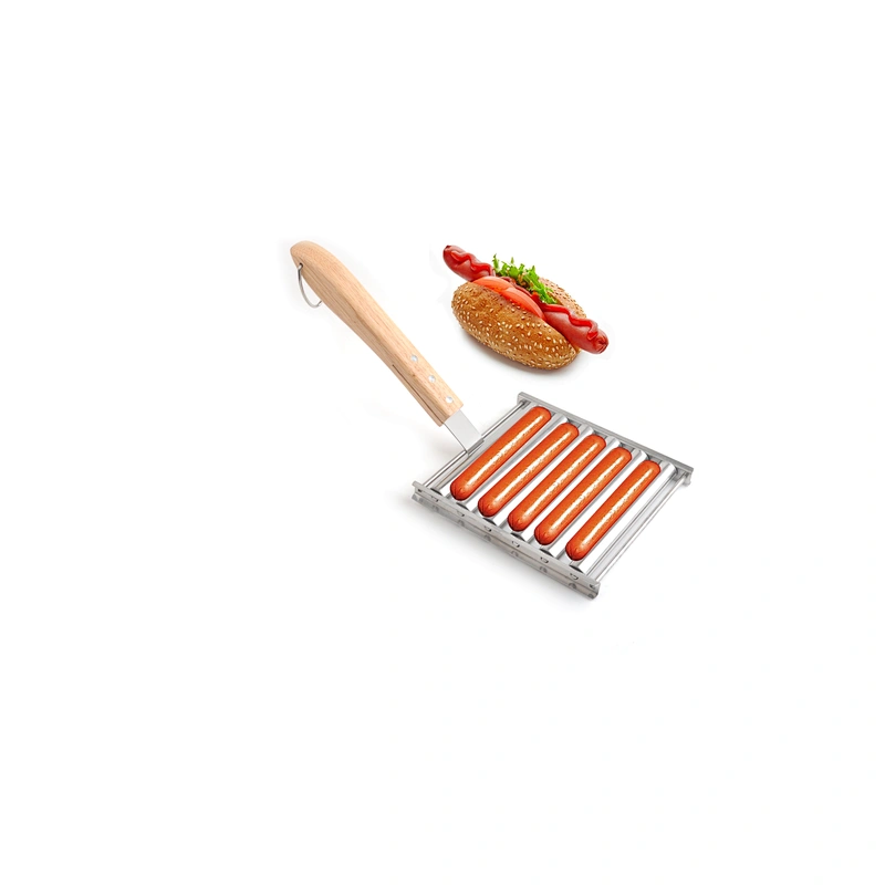 Stainless steel hot dog grill roller with bamboo handle for outdoor barbecue grills