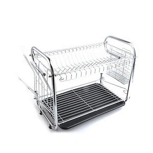 Black Color Double Layers Home Kitchen Iron Plated Dish Drying Rack Metal Drainer Drying Dish Rack with Tray