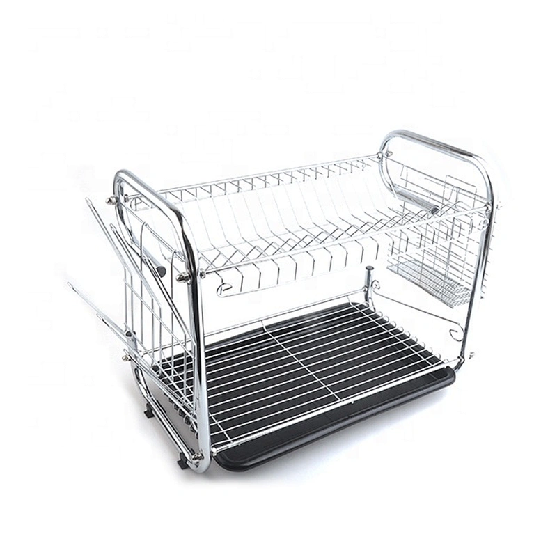 Black Color Double Layers Home Kitchen Iron Plated Dish Drying Rack Metal Drainer Drying Dish Rack with Tray