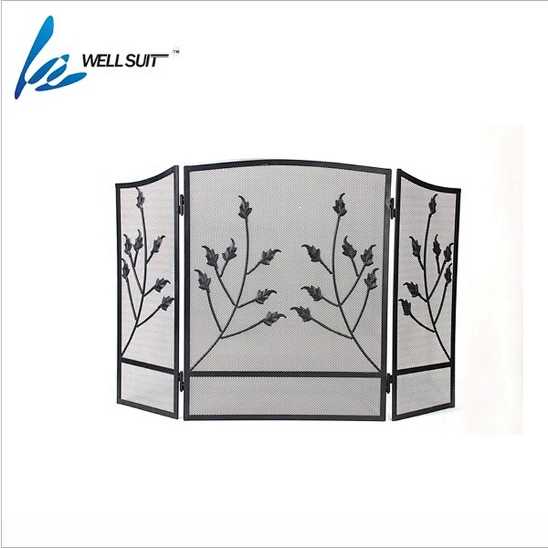 Fireplace screen 3 Panel Ornate Wrought Iron Black Metal Fire Place Standing Gate Decorative Mesh Solid Baby Safe