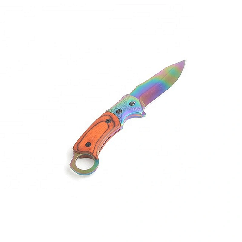 Titanium Plating Stainless Steel Blade Pakka Wood Handle Survival Knife