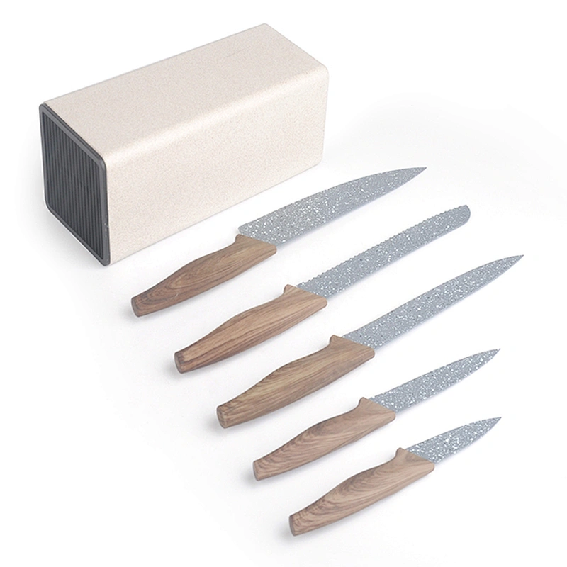 High Quality Embossing Kitchen 5 PCS Non-stick Coating Stainless Steel Knife Set With Block