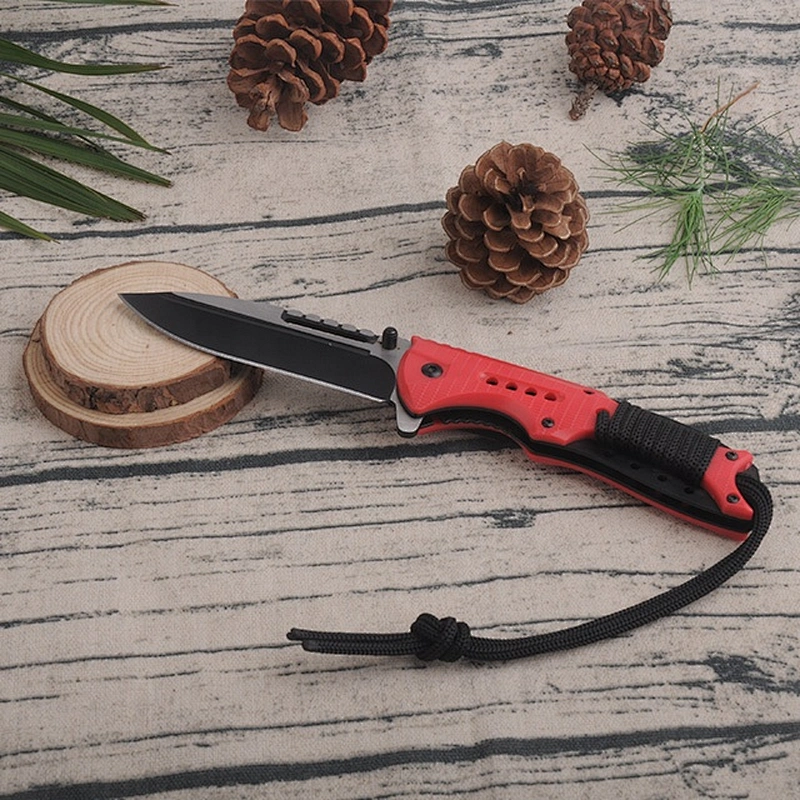 Red and Black Color Stainless Steel Folding Pocket Outdoor Hunting Knife with rope
