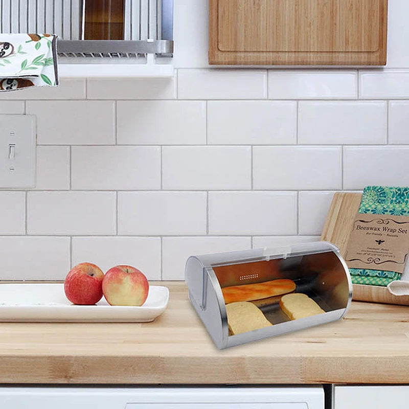 Stainless Steel Bread Bin / Food Storage Roll Top Box / Bread Box with Window for Kitchen