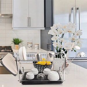 Black Color Double Layers Home Kitchen Iron Plated Dish Drying Rack Metal Drainer Drying Dish Rack with Tray