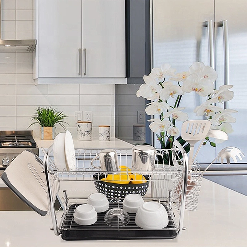 Black Color Double Layers Home Kitchen Iron Plated Dish Drying Rack Metal Drainer Drying Dish Rack with Tray