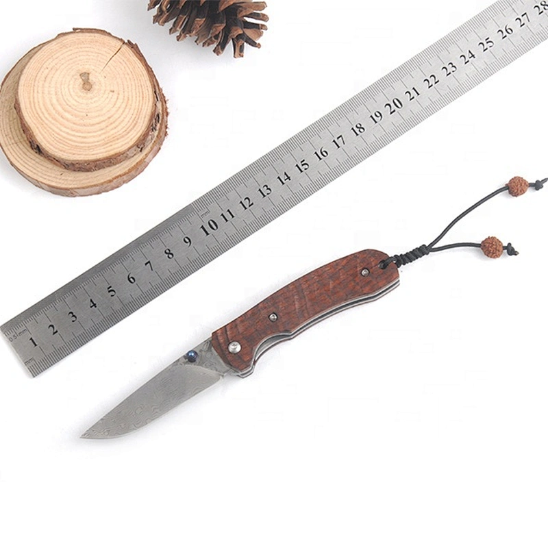 Red Sandalwood Handle Damascus Steel Hunting Folding Blade Knife