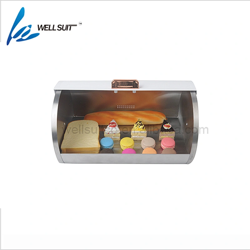 White metal bread box kitchen food storage with cooper coating