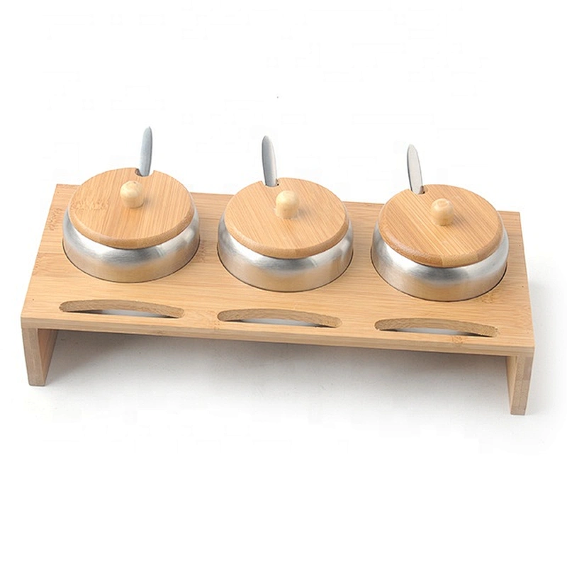 Hot selling bamboo spice rack with stainless steel jars for kitchen