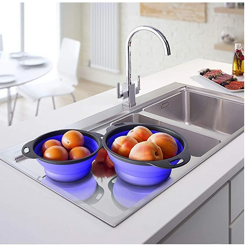 Food-Grade 2 Pack Collapsible Colander Strainer Set Silicone Strainer Space-Saver Folding