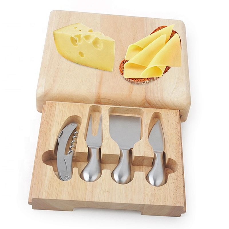 4Pcs corkscrew opener cheese cutting board drawer knife set wooden cheese board set