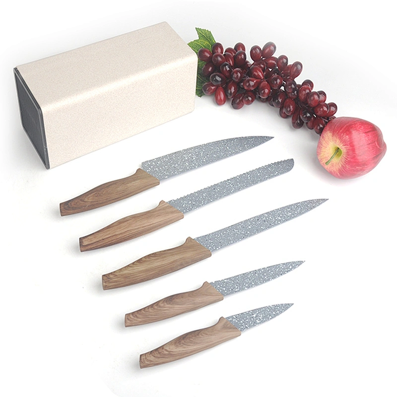 High Quality Embossing Kitchen 5 PCS Non-stick Coating Stainless Steel Knife Set With Block
