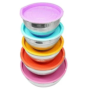 Reusable large restaurant stainless steel salad bowl set with plastic lid