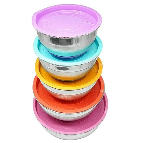 Reusable large restaurant stainless steel salad bowl set with plastic lid