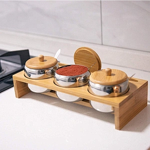 Hot selling bamboo spice rack with stainless steel jars for kitchen