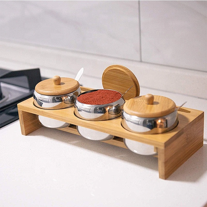 Hot selling bamboo spice rack with stainless steel jars for kitchen