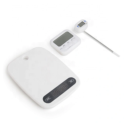 Manual plastic digital kitchen scale with thermometer and timer