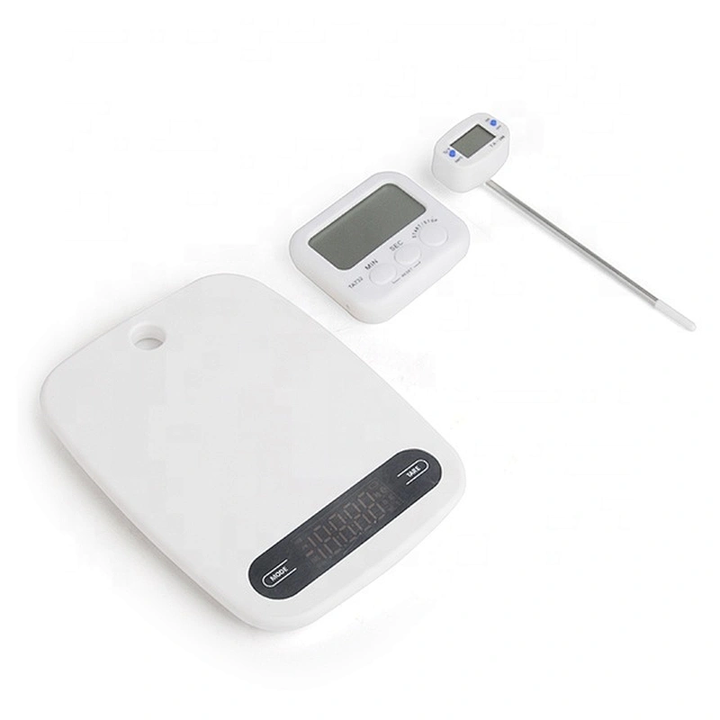 Manual plastic digital kitchen scale with thermometer and timer
