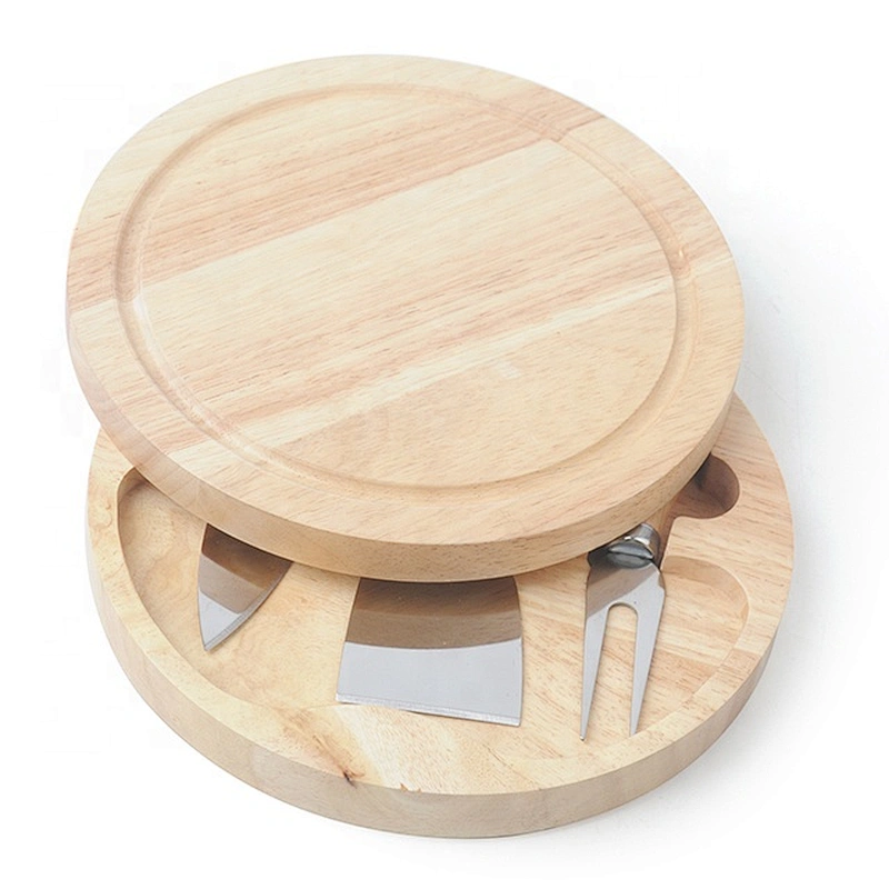 Round Shape Rubber Wood Cheese Board 100% Natural With 3 Piece Cutlery Cheese Knife Set Cheese Platter Hidden Drawer