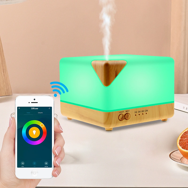 Square wood grain aromatherapy Essential Oil Diffuser Water Cube Ultrasonic Aroma Diffuser with colorful light night