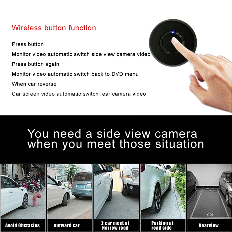 Intelligent wireless switch side view with rearview image 2-way input side view camera system (car monitor version)