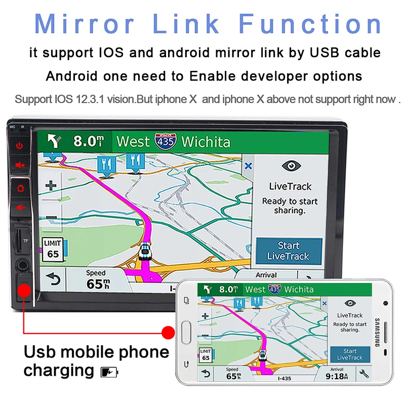 HD full touch screen 7inch 2 din car radio support mirror link function