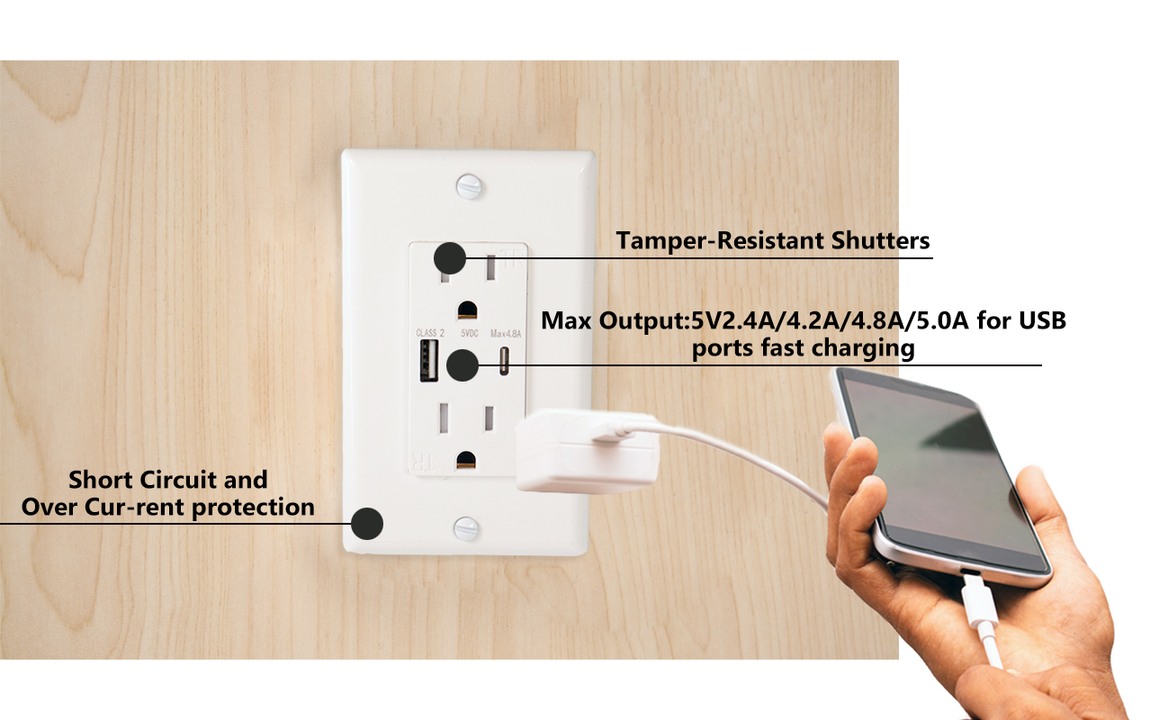 FCC 壁の電気コンセント、USB付きコンセント、USB Cコンセント