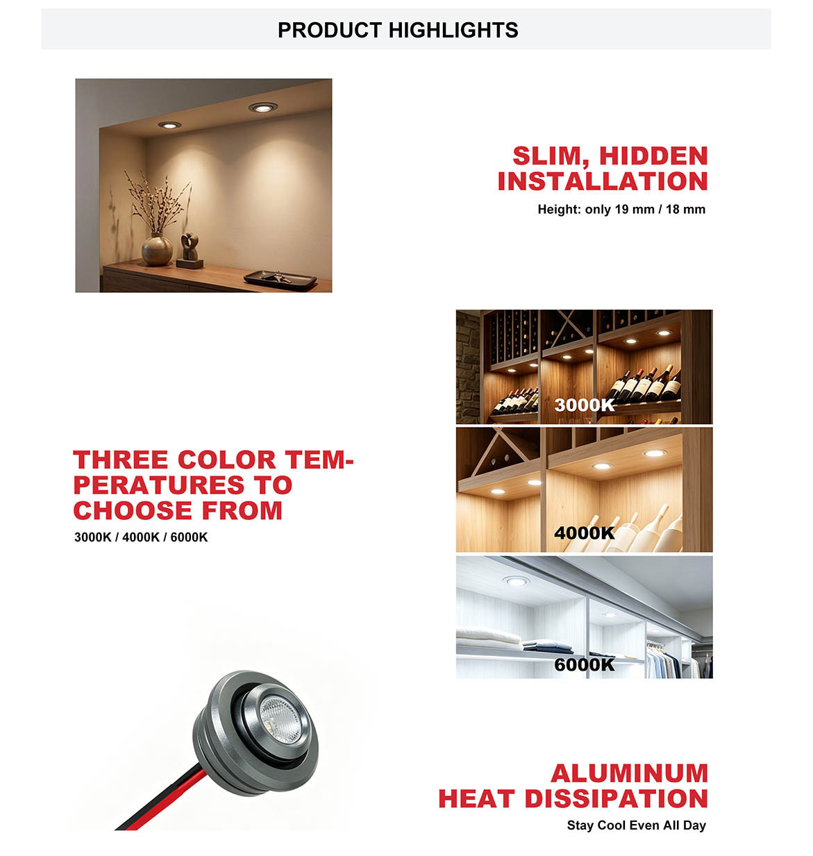 DAMAVO led under cabinet spotlights,led cabinet spotlight,small led cabinet spotlights Product Highlights