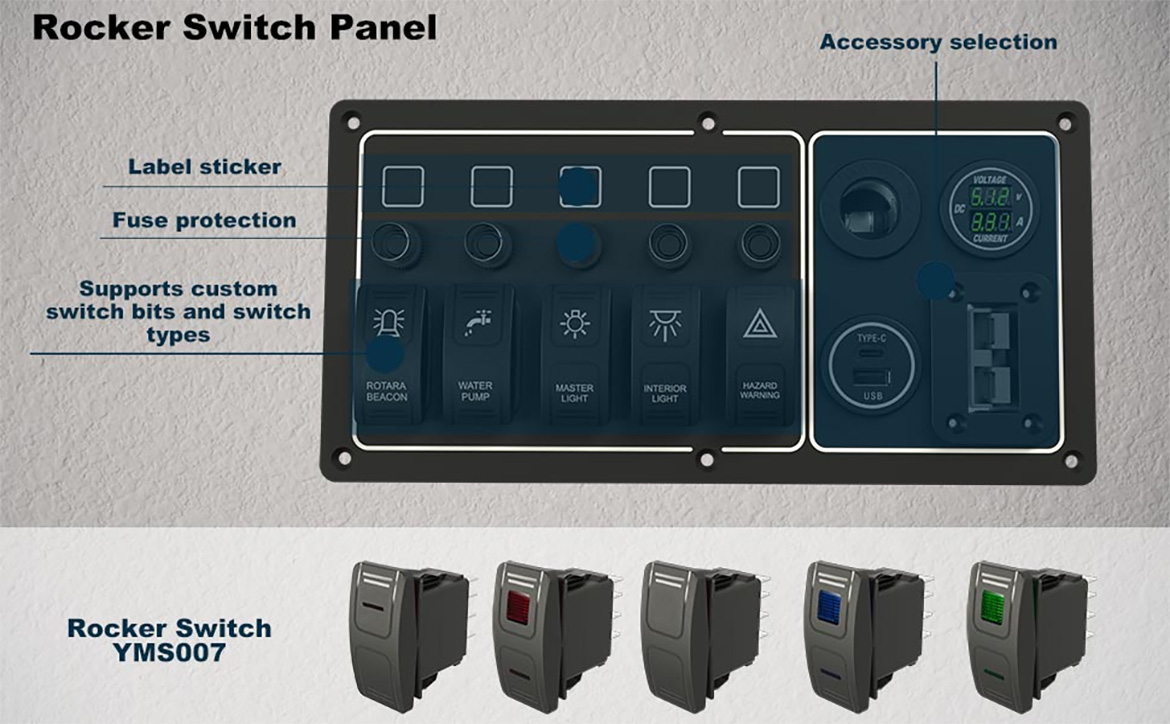 USB switch panel, custom boat switch panel, 6 gang switch panel