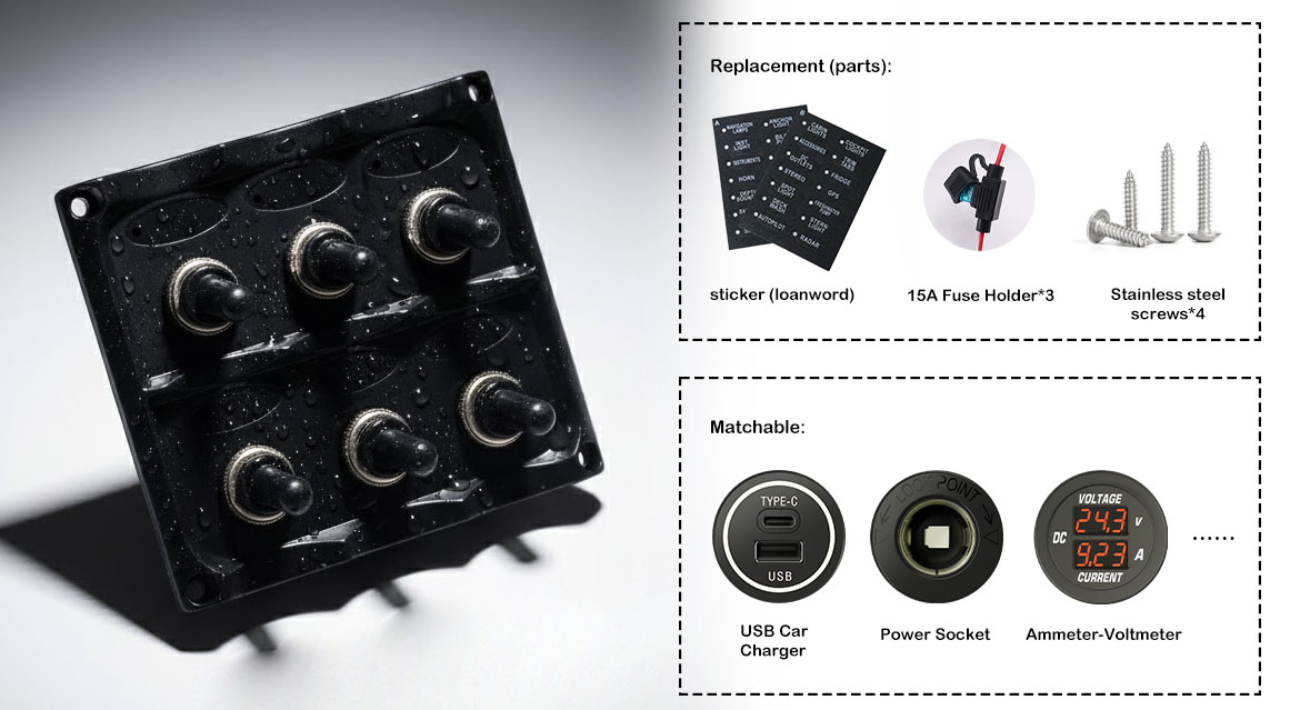 Marine switch panel with fuses, Custom toggle switch panel, switch panel 6 gang