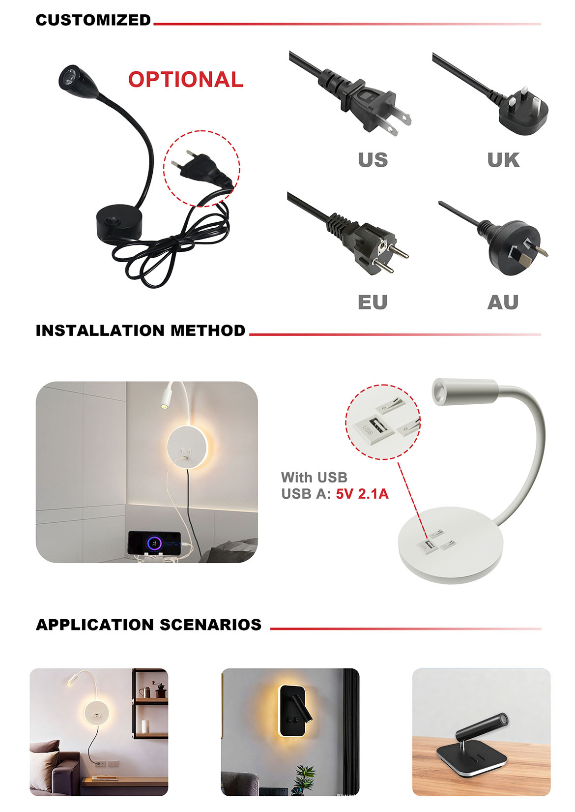 wholesale 110v wall reading light, wall reading light with USB port, led wall mounted reading light Factory