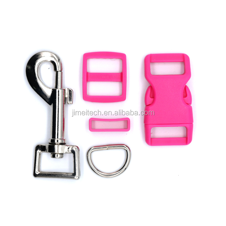 KJM Dog Collar Accessories Set Metal D Ring Leash Hook and Plastic Tri Glide Belt Loop Curved Buckle
