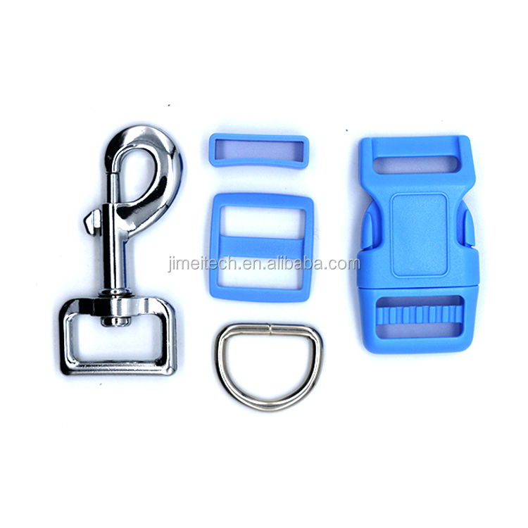 KJM Dog Collar Accessories Set Metal D Ring Leash Hook and Plastic Tri Glide Belt Loop Curved Buckle
