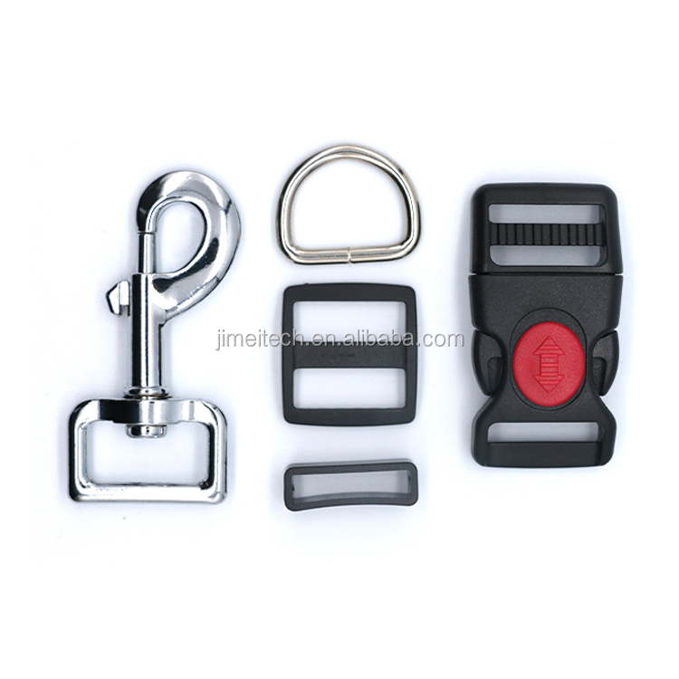 KJM Dog Collar Accessories Set Metal D Ring Leash Hook and Plastic Tri Glide Belt Loop Curved Buckle