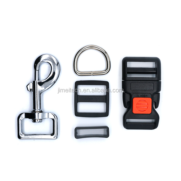 KJM Dog Collar Accessories Set Metal D Ring Leash Hook and Plastic Tri Glide Belt Loop Curved Buckle