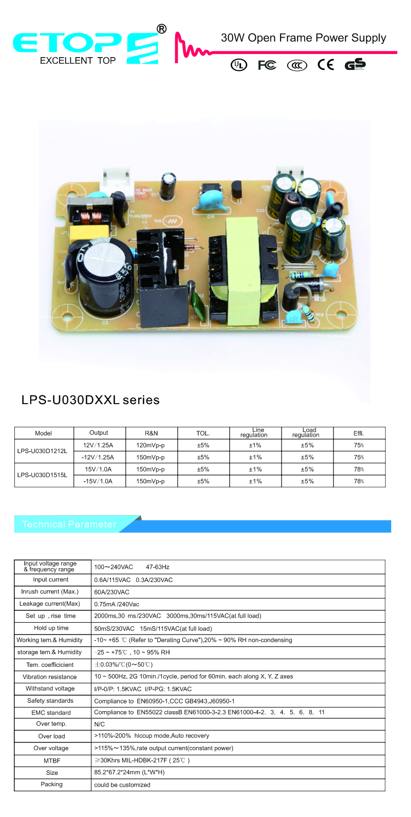 Open Frame 30W 12V Dual Output Audio Amplifier Power Supply Board