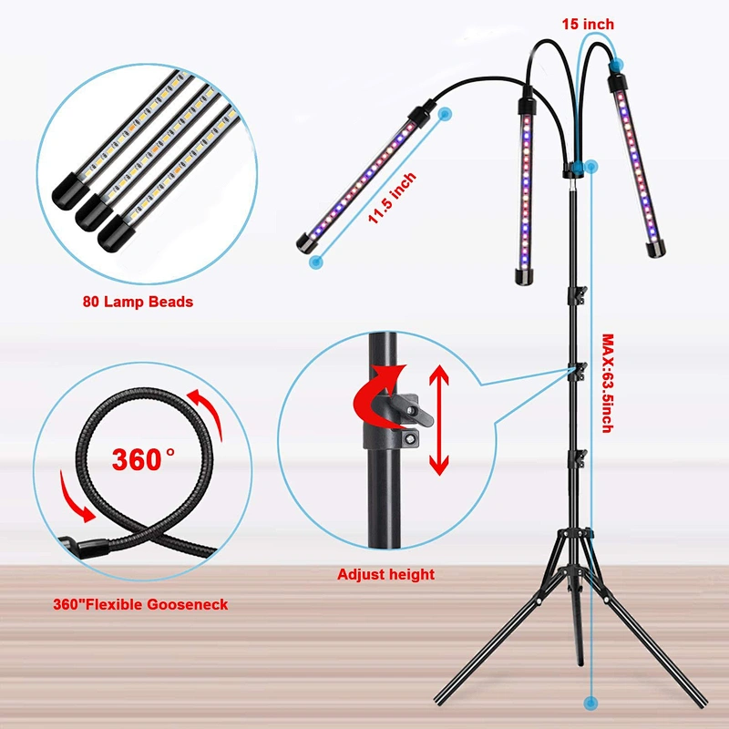 Adjustable 80W LED Four Head Dimmable Led Plant Floor Standing Grow Light with Tripod Stand
