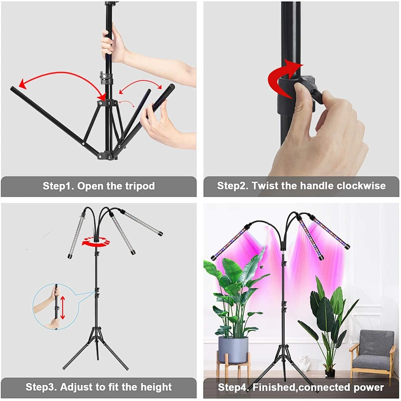 Adjustable 80W LED Four Head Dimmable Led Plant Floor Standing Grow Light with Tripod Stand