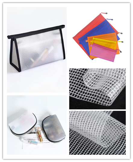Waterproof Polyester Mesh Fabric Coating with Transparent Pvc for Cosmetic Bag-usage
