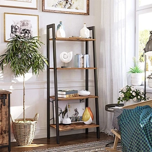Metal frame 5 tier simple design flower shelf ladder wooden bookcase bookshelf