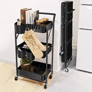 Folding movable metal home kitchen island slim 3 tier trolley storage rack organizer utility rolling cart