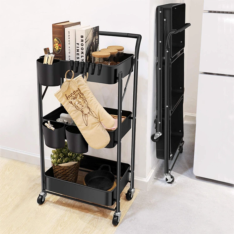 Folding movable metal home kitchen island slim 3 tier trolley storage rack organizer utility rolling cart