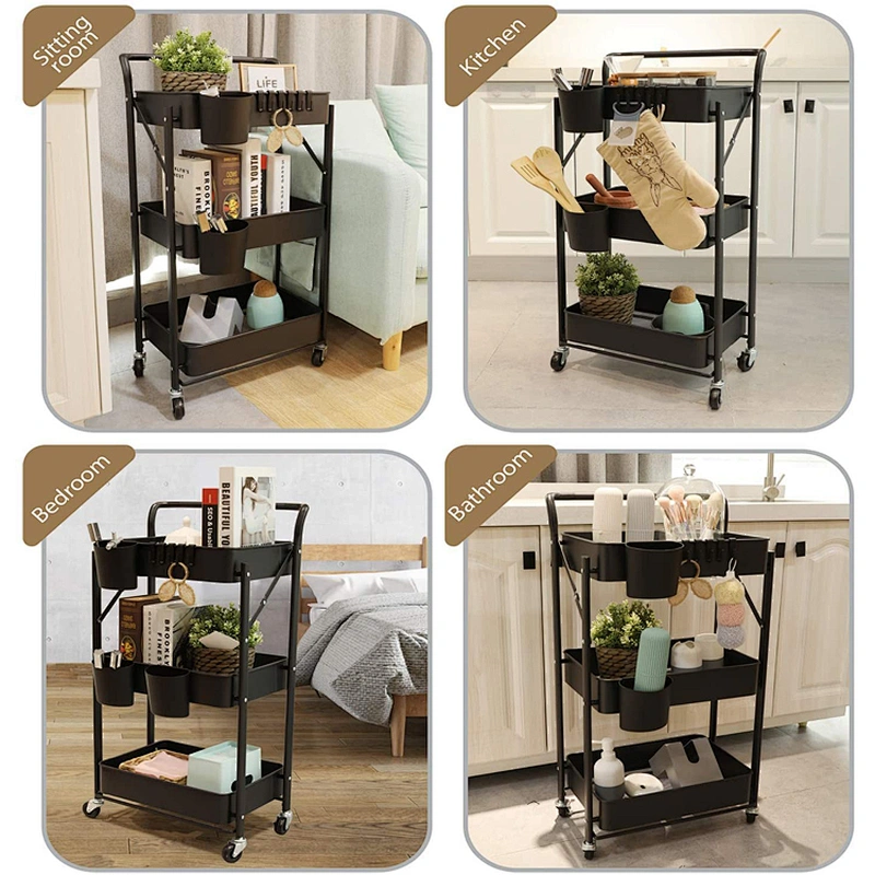 Folding movable metal home kitchen island slim 3 tier trolley storage rack organizer utility rolling cart